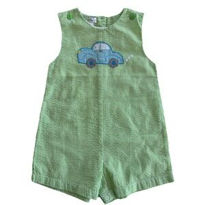 Petit Pomme Shortalls Boy's 24M Romper Green Gingham Seersucker Embroidered Car